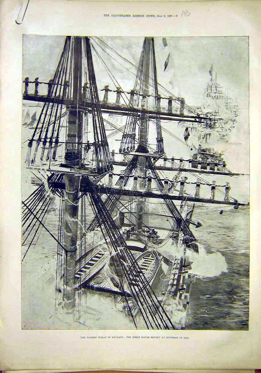 Original Old Antique Print Naval Ship Spithead Royal Yacht Review 1897 19th