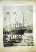 Original Old Antique Print Naval Review Ship Sails Victoria Albert Prince Wales
