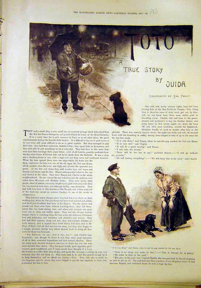 Original Old Antique Print Toto Story Sketches Dog Paget Christmas 1897 19th