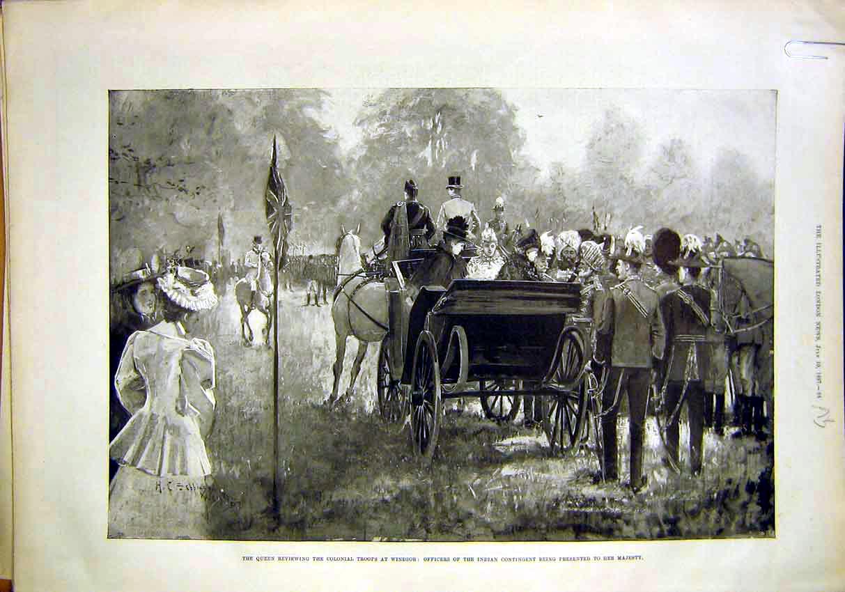 Original Old Antique Print Windsor Queen Troops Theatre Horse Carriage 1897