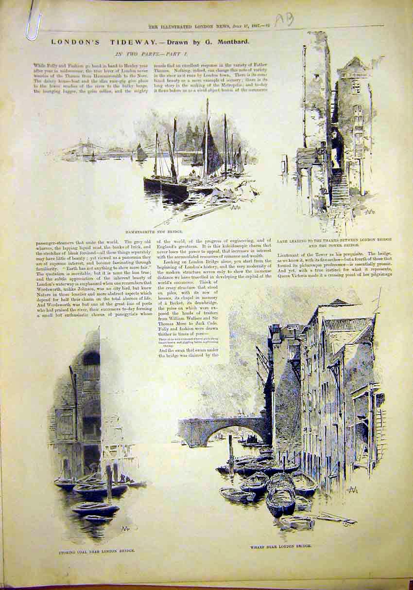 Original Old Antique Print London Tideway Ships Hammersmith Thames Wharf Bridge