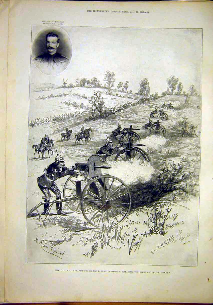 Original Old Antique Print Galloping Gun War Sier Infantry 1897 19th