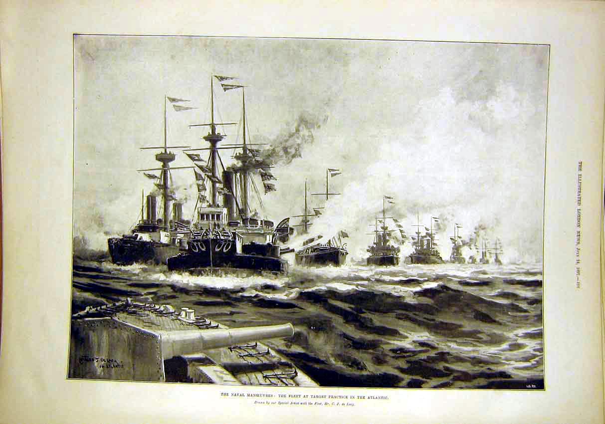 Original Old Antique Print Naval Manoeuvres Fleet Atlantic De Lacy 1897 19th