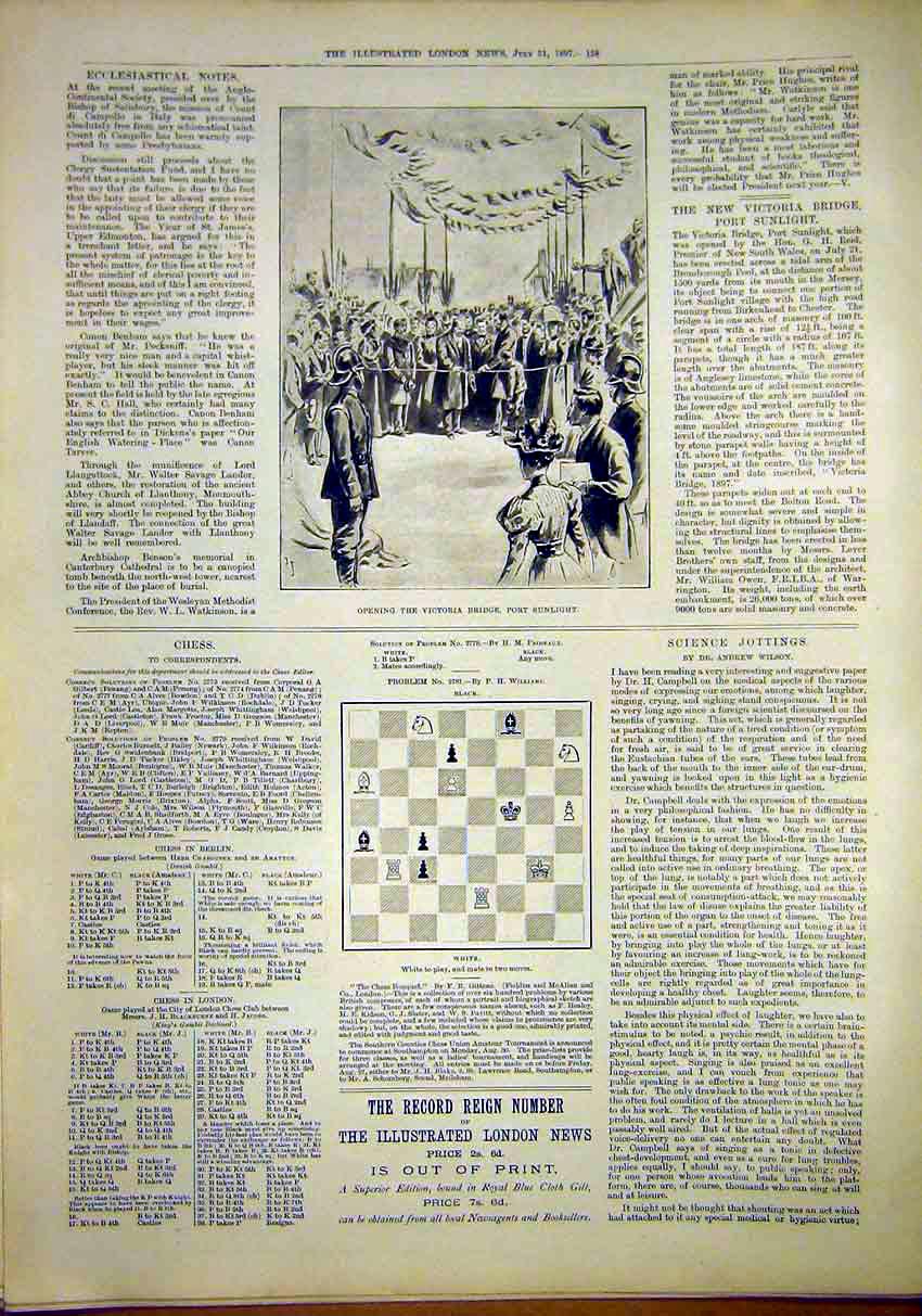 Original Old Antique Print Victoria Bridge Port Sunlight Chess Science 1897 19th