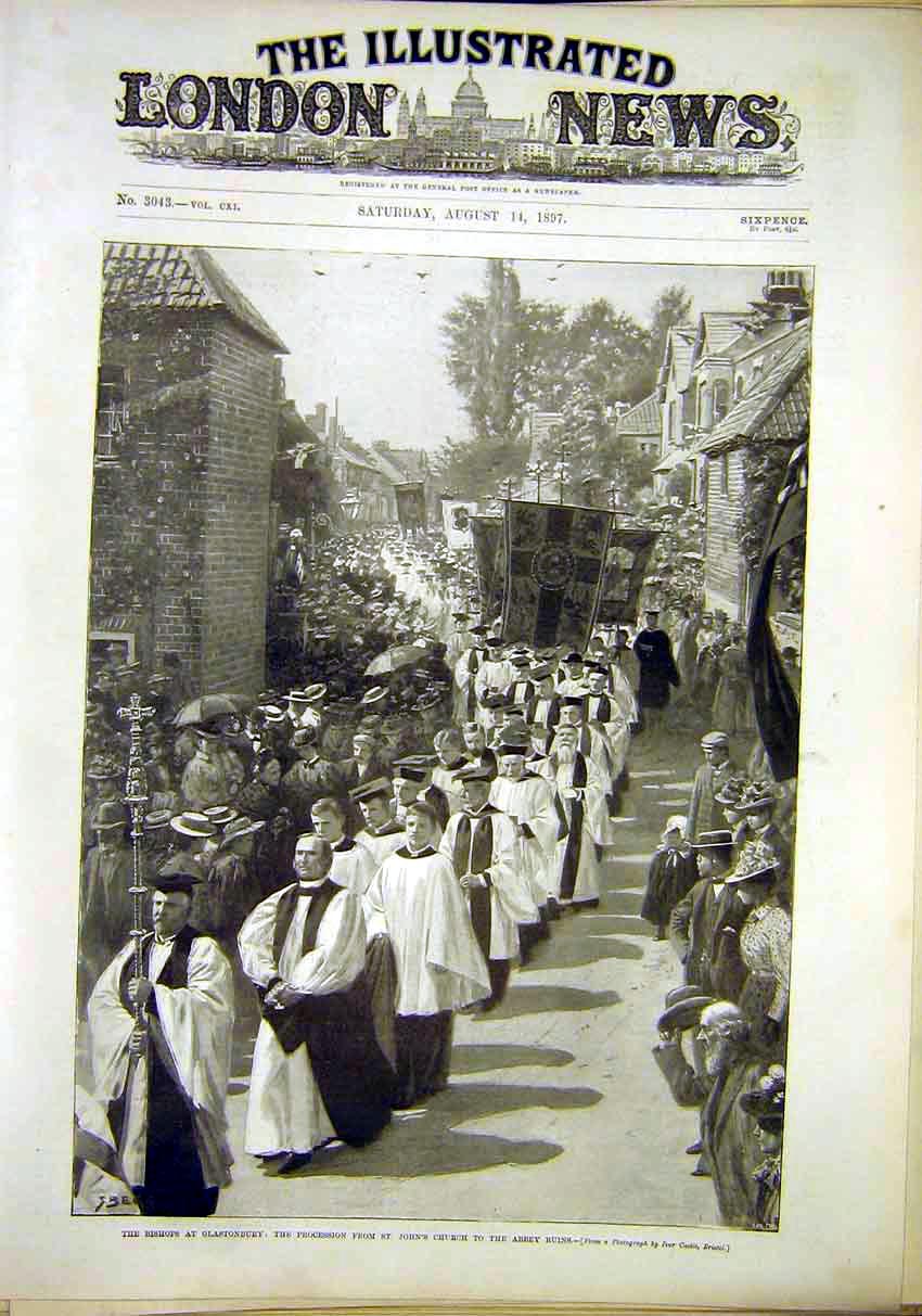 Original Old Antique Print Glastonberry Bishops St. Johns Church Abbey 1897 19th