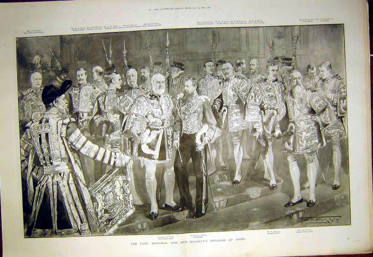 Original Old Antique Print Earl Marshall Queen Officers Arms Woods 1897 19th