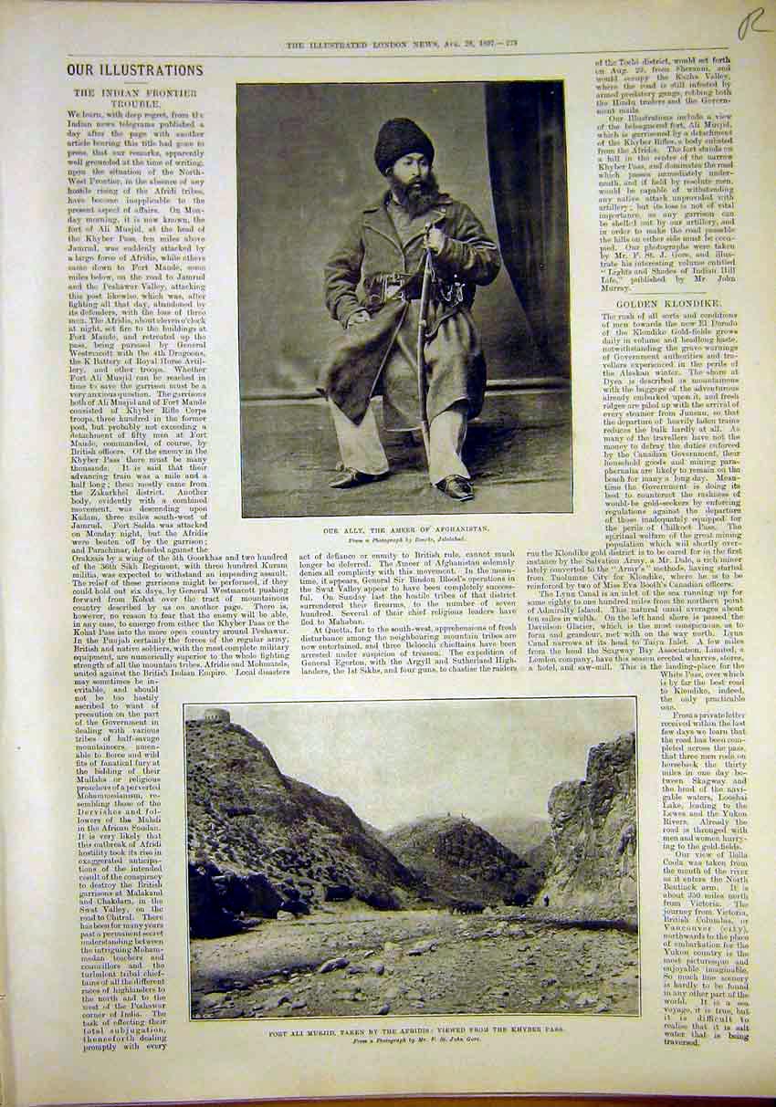 Original Old Antique Print Ameer Afghanistan Musjid Klondyke GAlaska 1897 19th