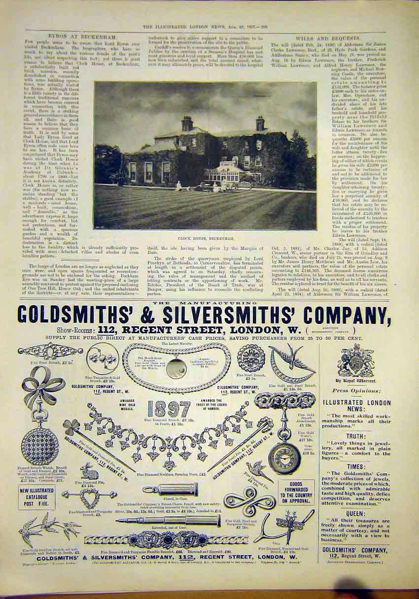 Original Old Antique Print Clock House Beckenham Advert Gsmiths 1897 Victorian