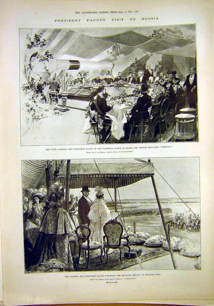 Original Old Antique Print Faure Russia Czar Military Review Pothau Selo 1897