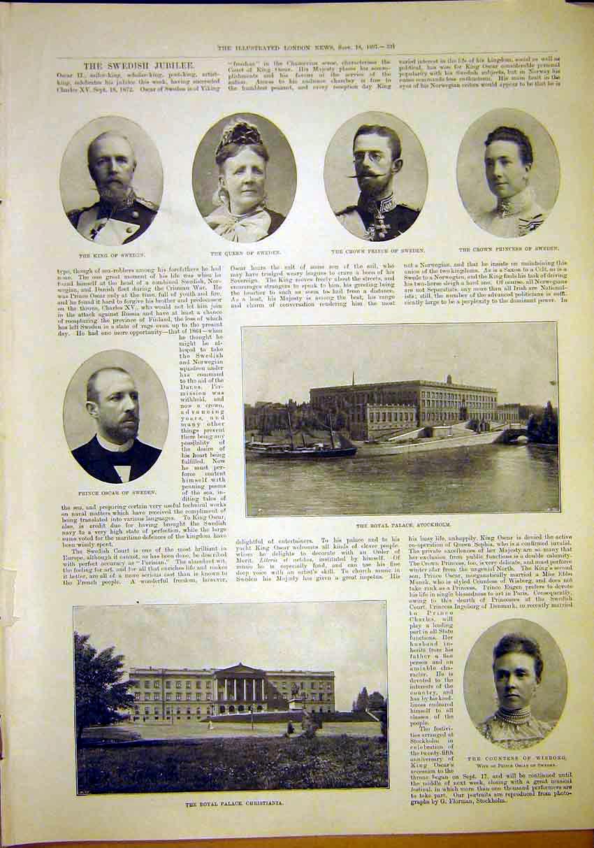 Original Old Antique Print Portrait Wisborg Stockholm Palace King Queen Prince