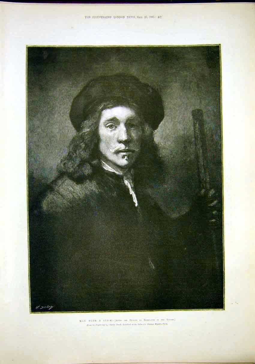 Original Old Antique Print Portrait Rembrandt Man With Stick Engraving 1897 19th