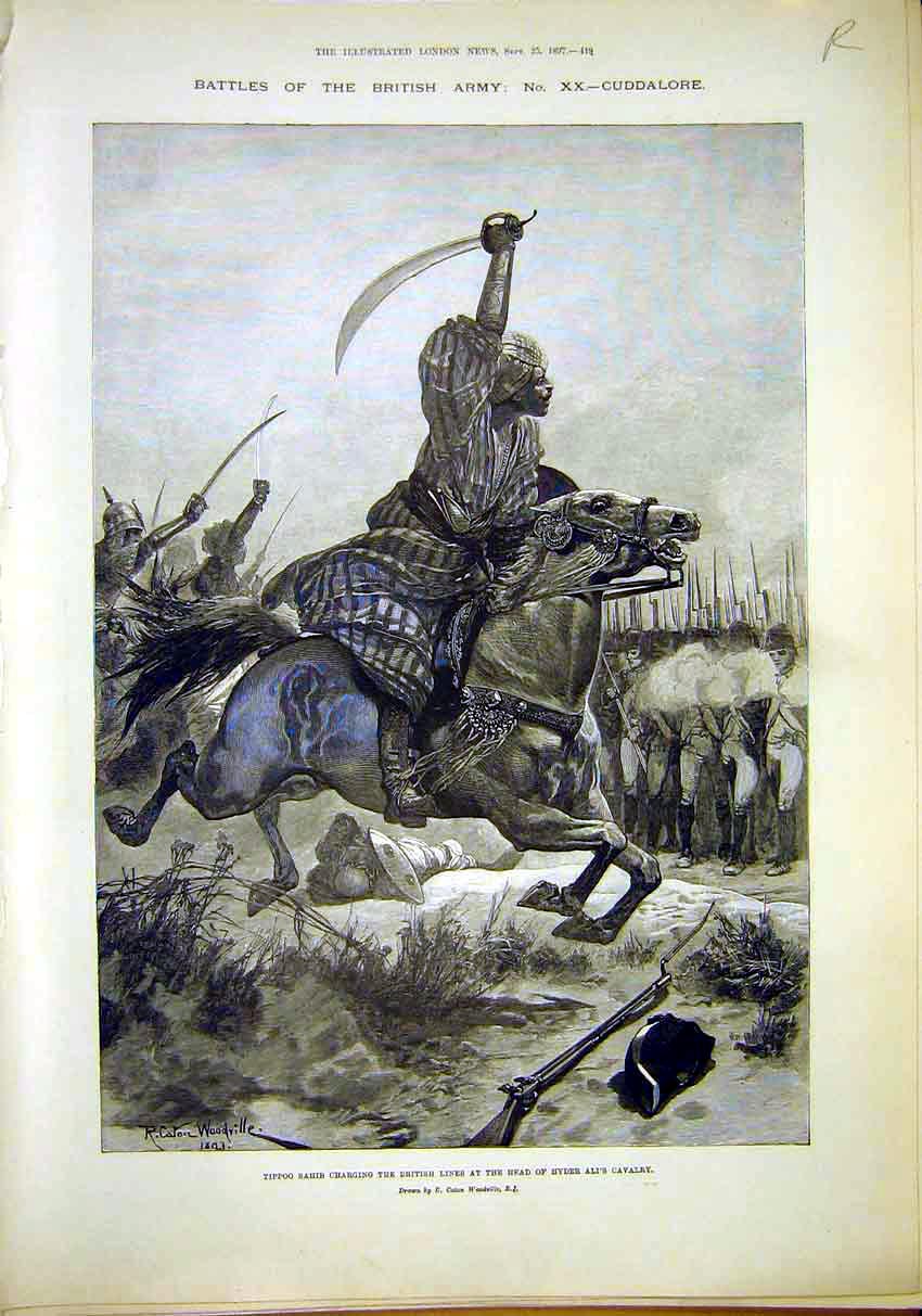 Original Old Antique Print Battles British Army Cuddalore War Troops 1897 19th