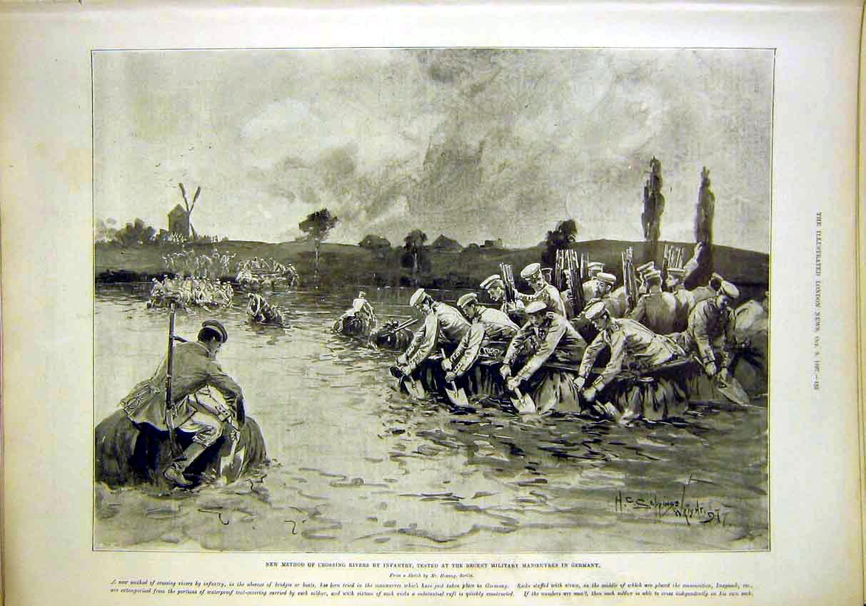 Original Old Antique Print Infantry Military River Germany Sier Sketch 1897 19th