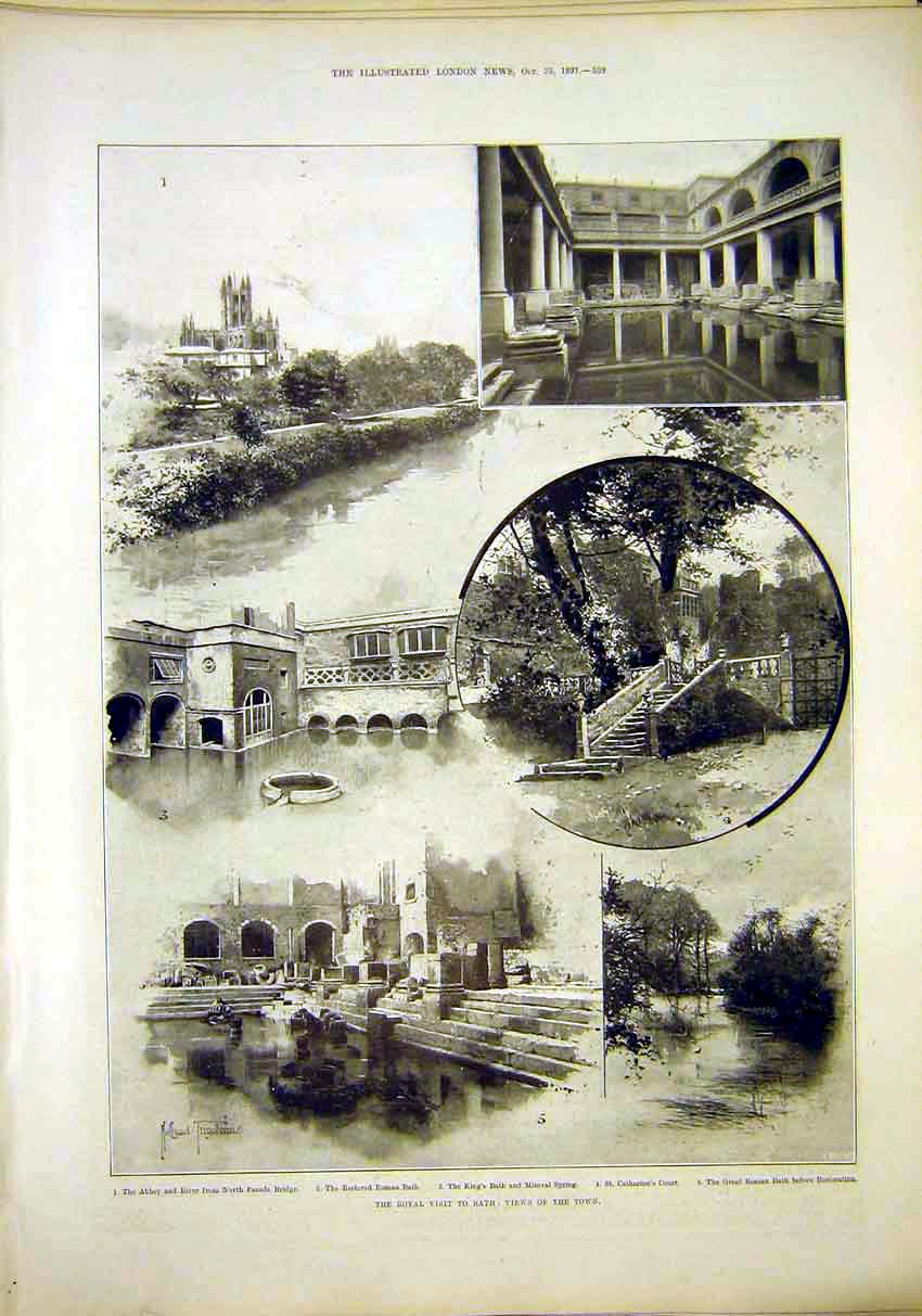 Original Old Antique Print Royal Visit Bath Abbey Roman Catharine 1897 Victorian