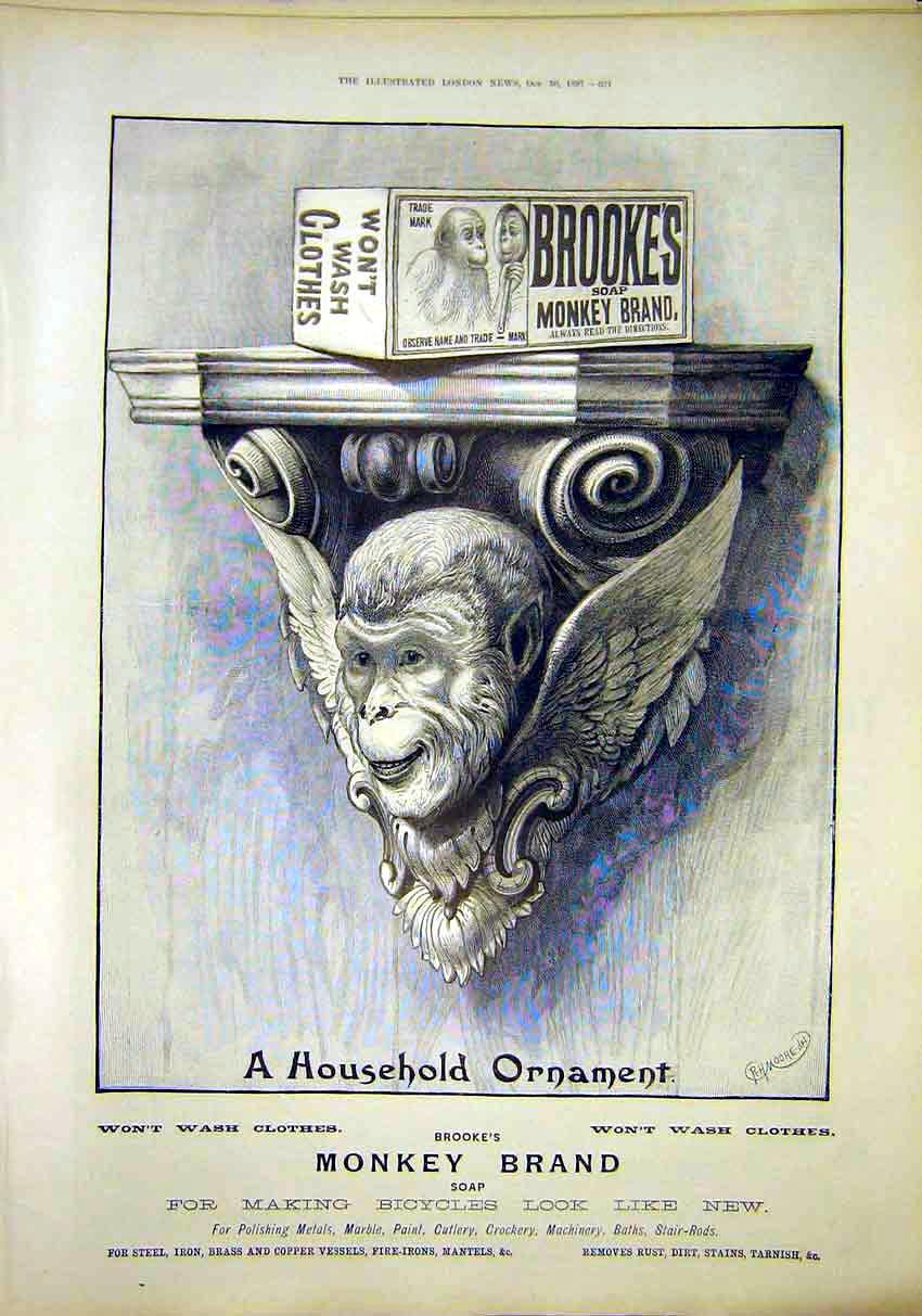 Original Old Antique Print Ref.855 Advert Brookes Monkey Brand Soap 1897