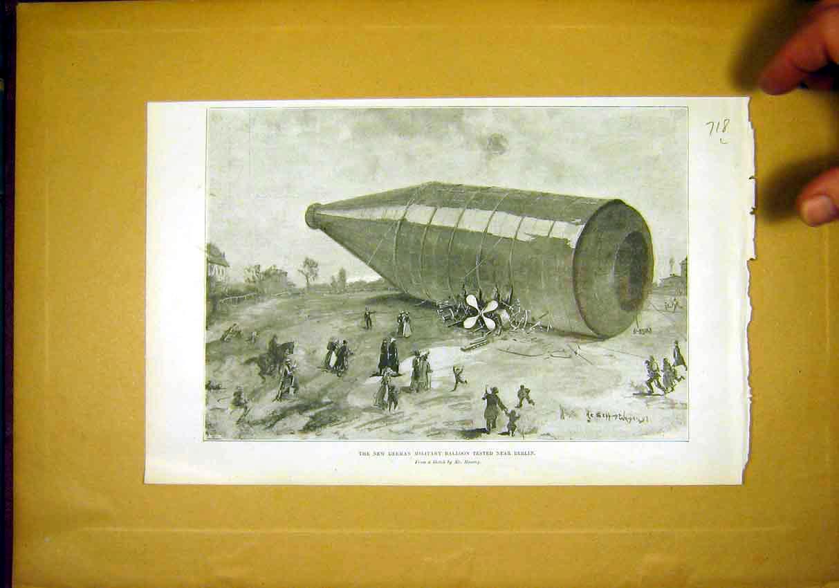 Original Old Antique Print German Military Balloon Berlin Crash 1897 Victorian