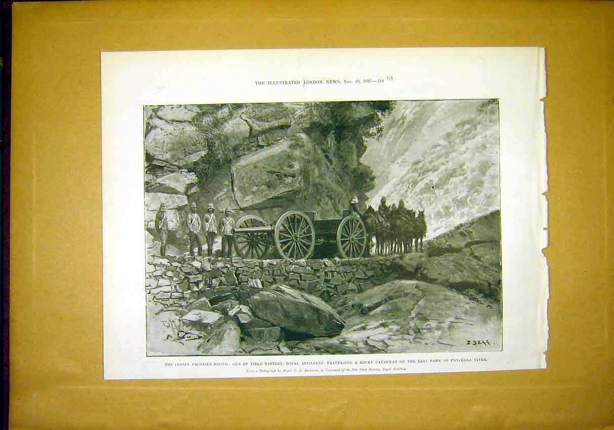 Original Old Antique Print Indian Frontier Artillery Gun Panjkora 1897 19th