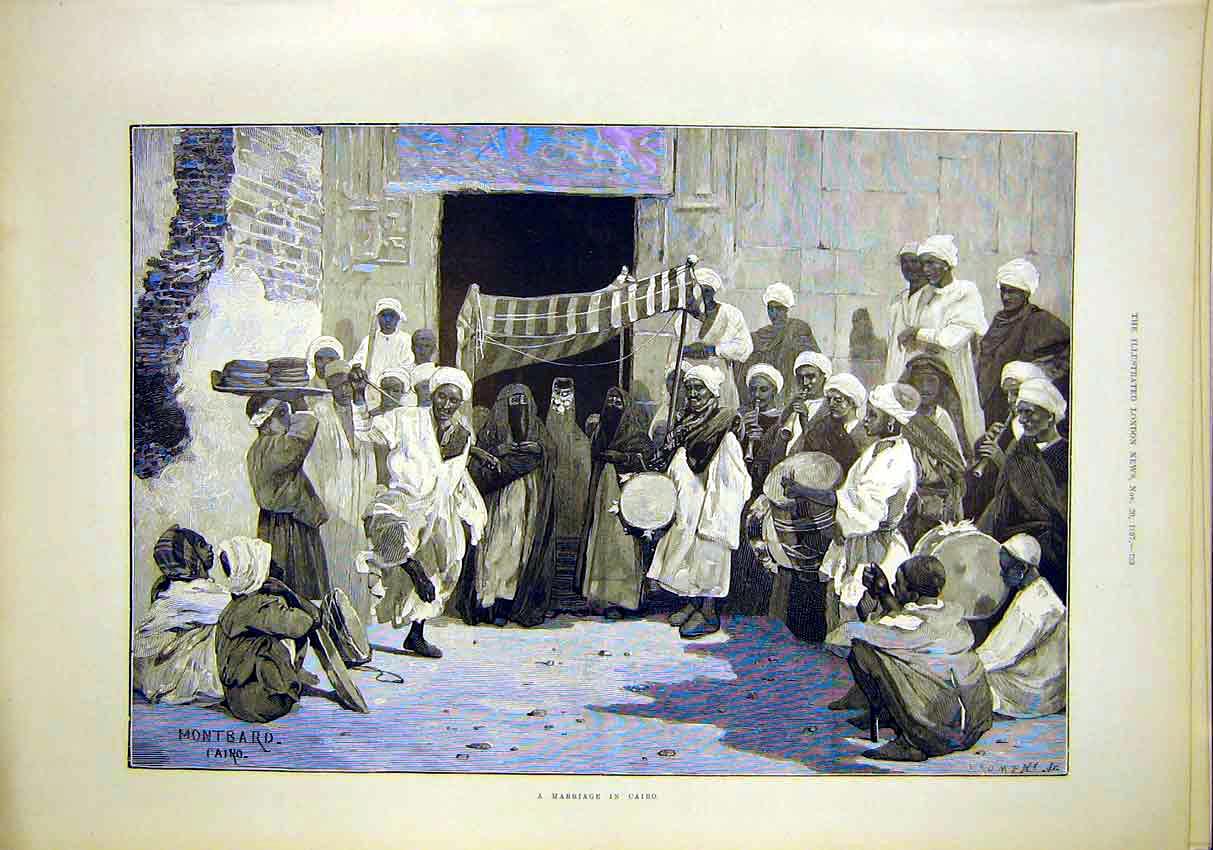 Original Old Antique Print Marriage Cairo Montbard Egypt Religion 1897 Victorian