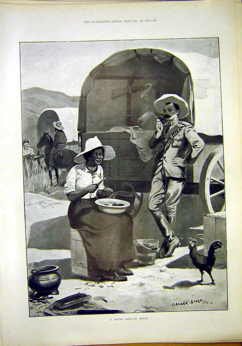 Original Old Antique Print South Africa Soper Sketch Idyll Carriage Horse 1897