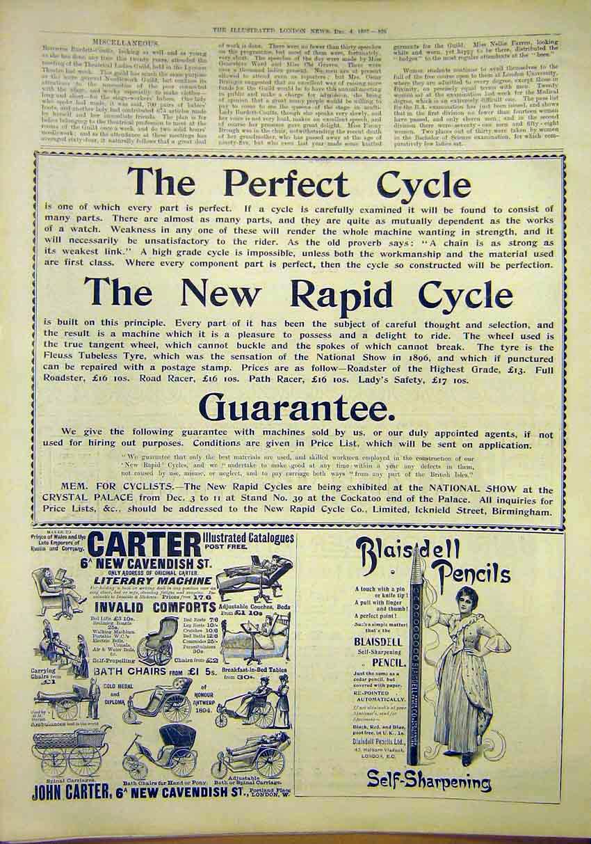 Original Old Antique Print Advert Blaisdell Carter London Mem Cicles 1897 19th