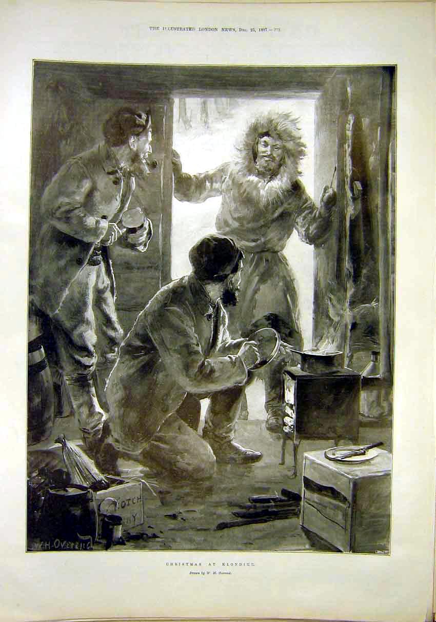 Original Old Antique Print Christmas Klondike Sketch Overend 1897 19th