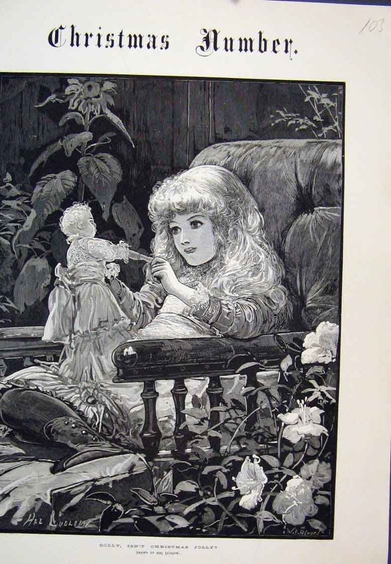 Original Old Antique Print Girl Dolly Isn'T Christmas Jolly Ludlow