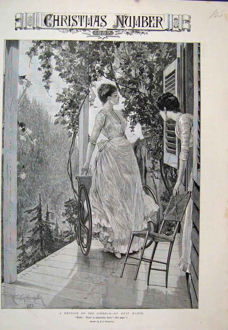 Original Old Antique Print Phyllis Sierras Harte Woodville 1887 19th
