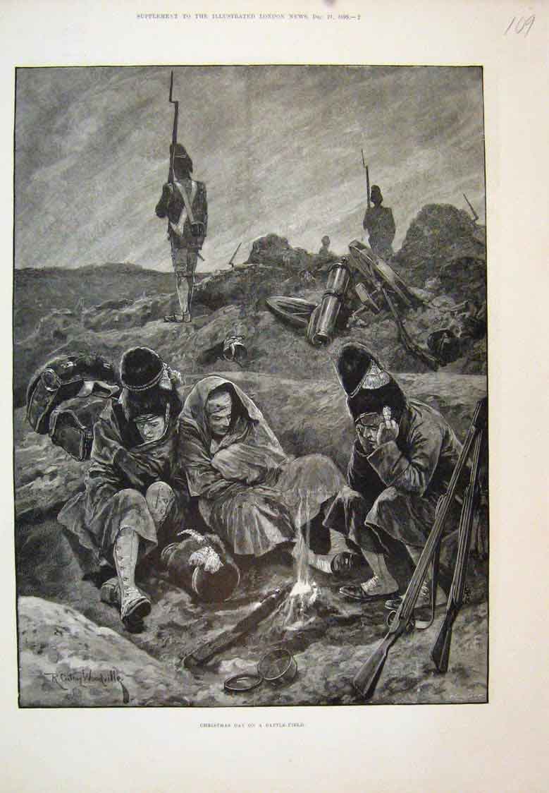 Original Old Antique Print Christmas Day The Battlefield Woodville 1895 19th