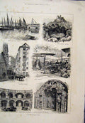 Original Old Antique Print Lisbon Tagus Pena Castle Cintra Belem 1884 Victorian