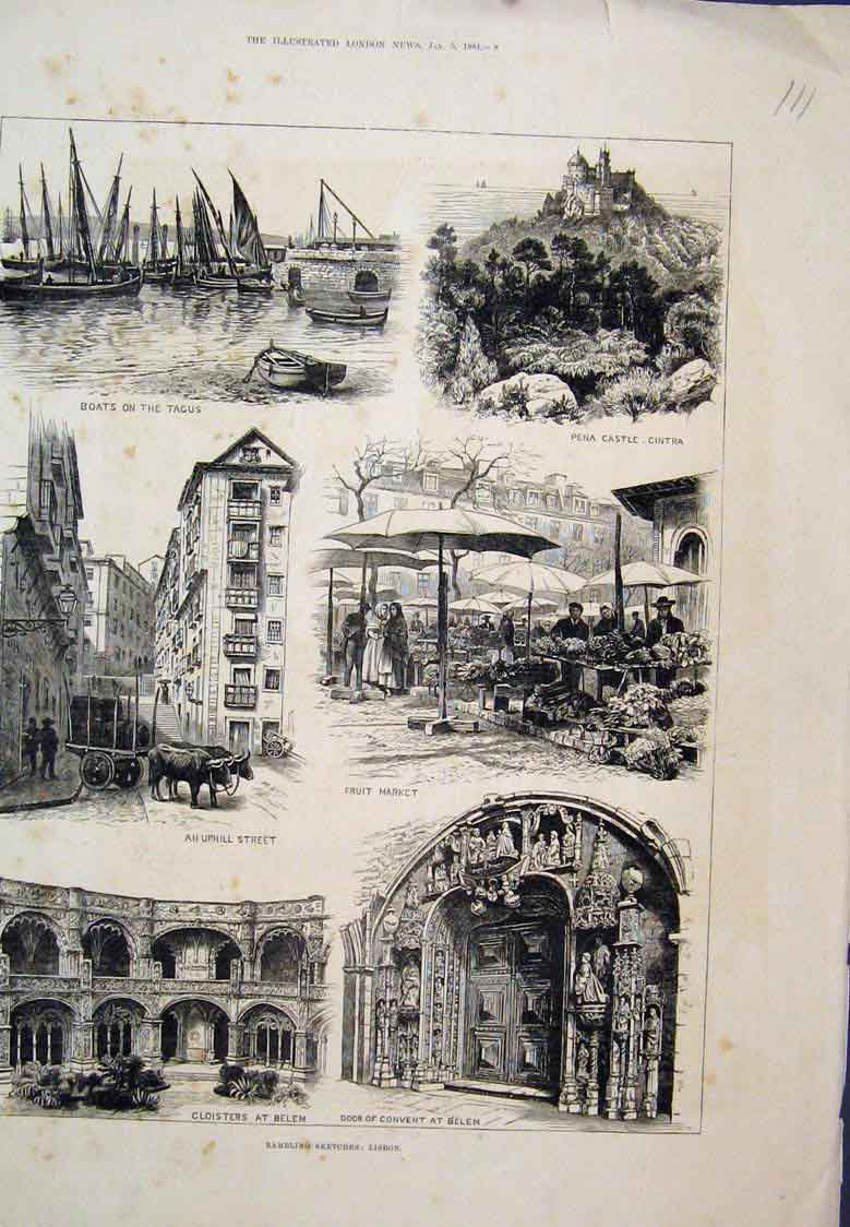 Original Old Antique Print Lisbon Tagus Pena Castle Cintra Belem 1884 Victorian