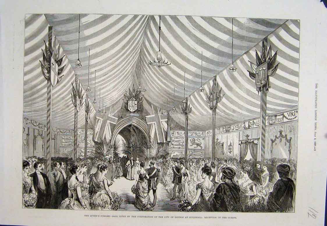 Original Old Antique Print Queens Jubilee Ball Guildhall London 1887 Victorian