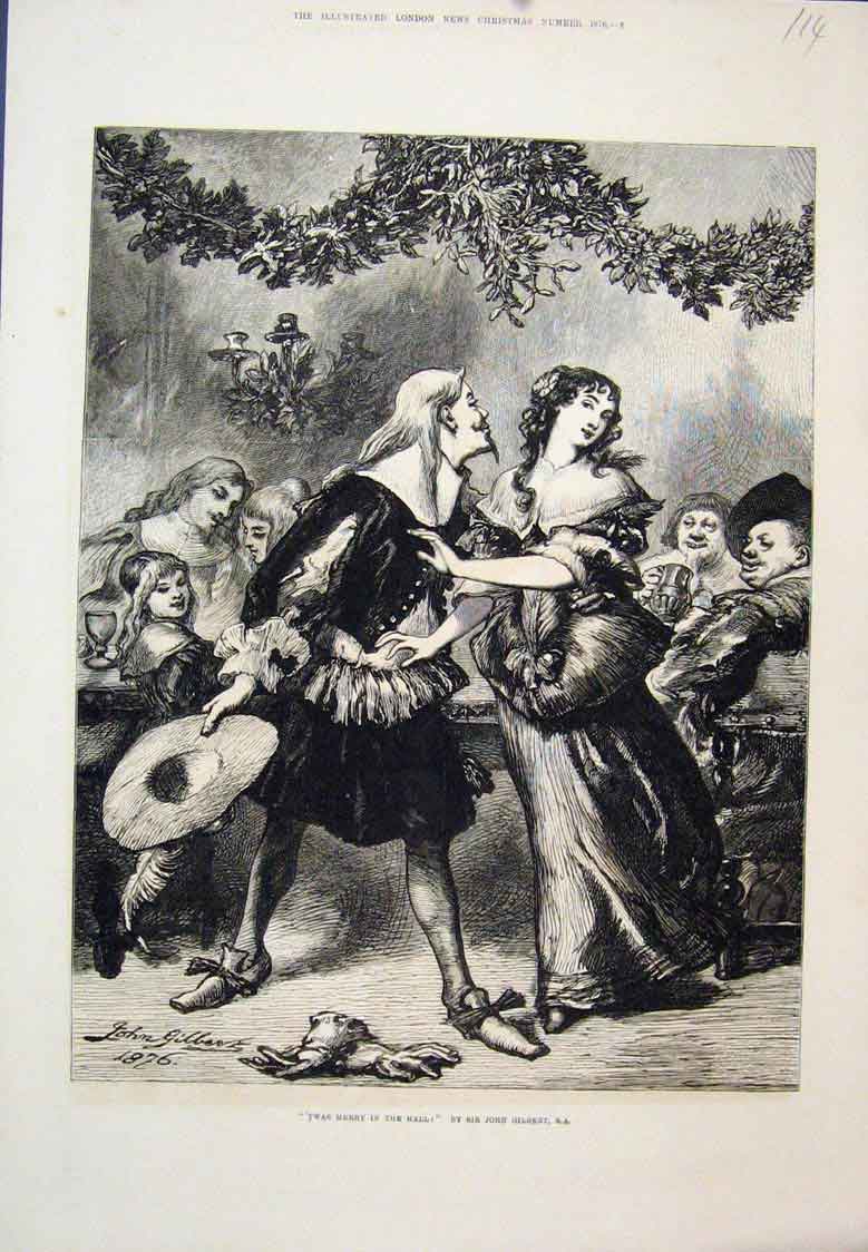 Original Old Antique Print Twas Merry In The Hall John Gilbert 1876 Victorian