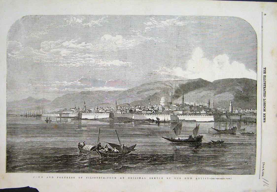 Original Old Antique Print Fortress Silistria Town Boats 1854 19th