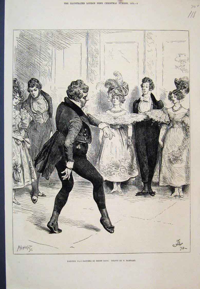 Original Old Antique Print Gentlemen Dancing Days Barnard 1878 19th