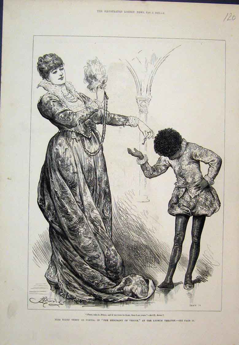 Original Old Antique Print Terry As Portia Merchant Venice Lyceum 1880 Victorian