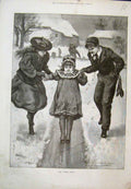 Original Old Antique Print The First Slide Children Playing Snow 1894 Victorian