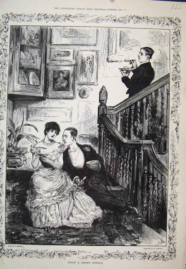 Original Old Antique Print Half Dozen Spoons Barnard Lady Jealous Guy 1885 19th