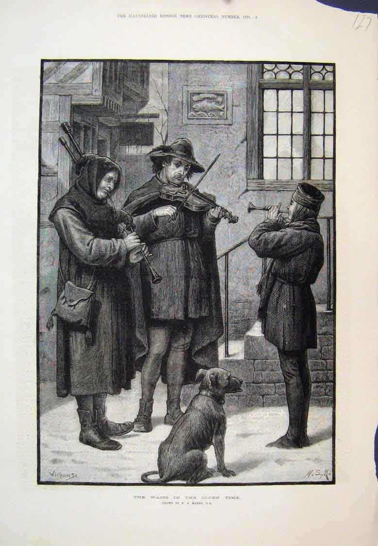 Original Old Antique Print Waits In en Times Dog Men Music 1879 19th