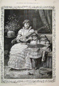 Original Old Antique Print Children Christmas Carol Mother Girl Song 1885 19th