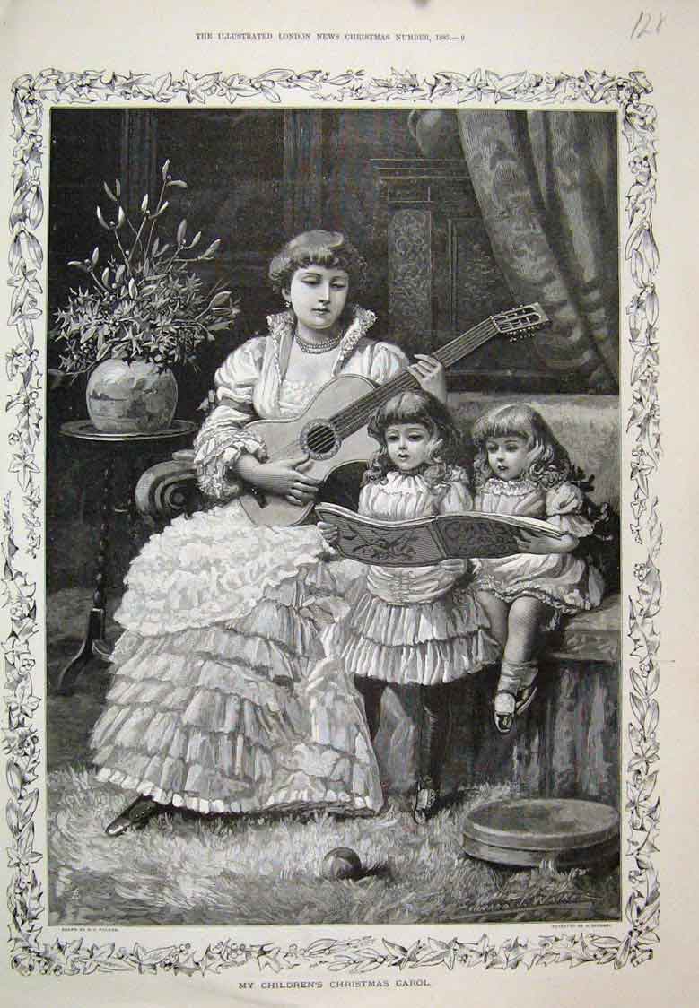 Original Old Antique Print Children Christmas Carol Mother Girl Song 1885 19th