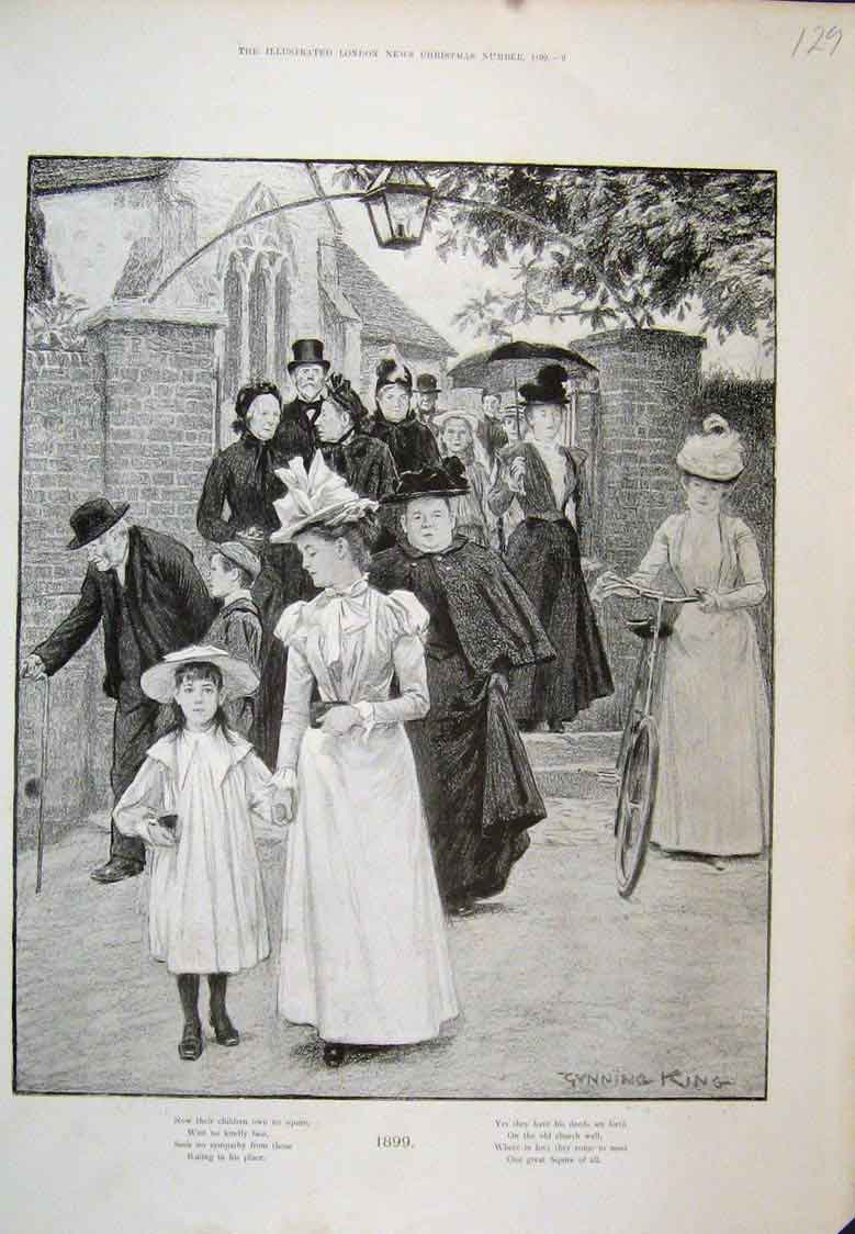 Original Old Antique Print Leaving Church Men Ladies Dressed King 1899 Victorian