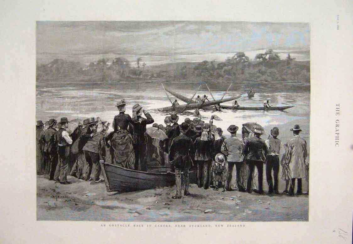 Original Old Antique Print Obstacle Race Canoe Auckland New Zealand 1888 19th
