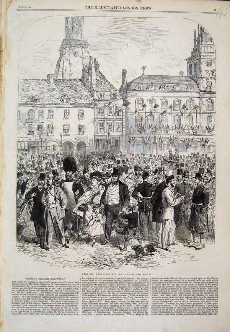 Original Old Antique Print English Excursionists To Calais 1865 19th