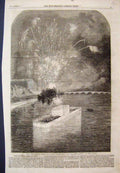 Original Old Antique Print Baptismal Fetes Paris Fireworks Seine 1856 Victorian