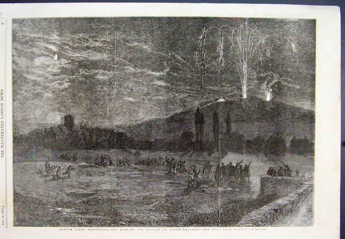 Original Old Antique Print Ashton Court Bonfire Fireworks 1857 19th