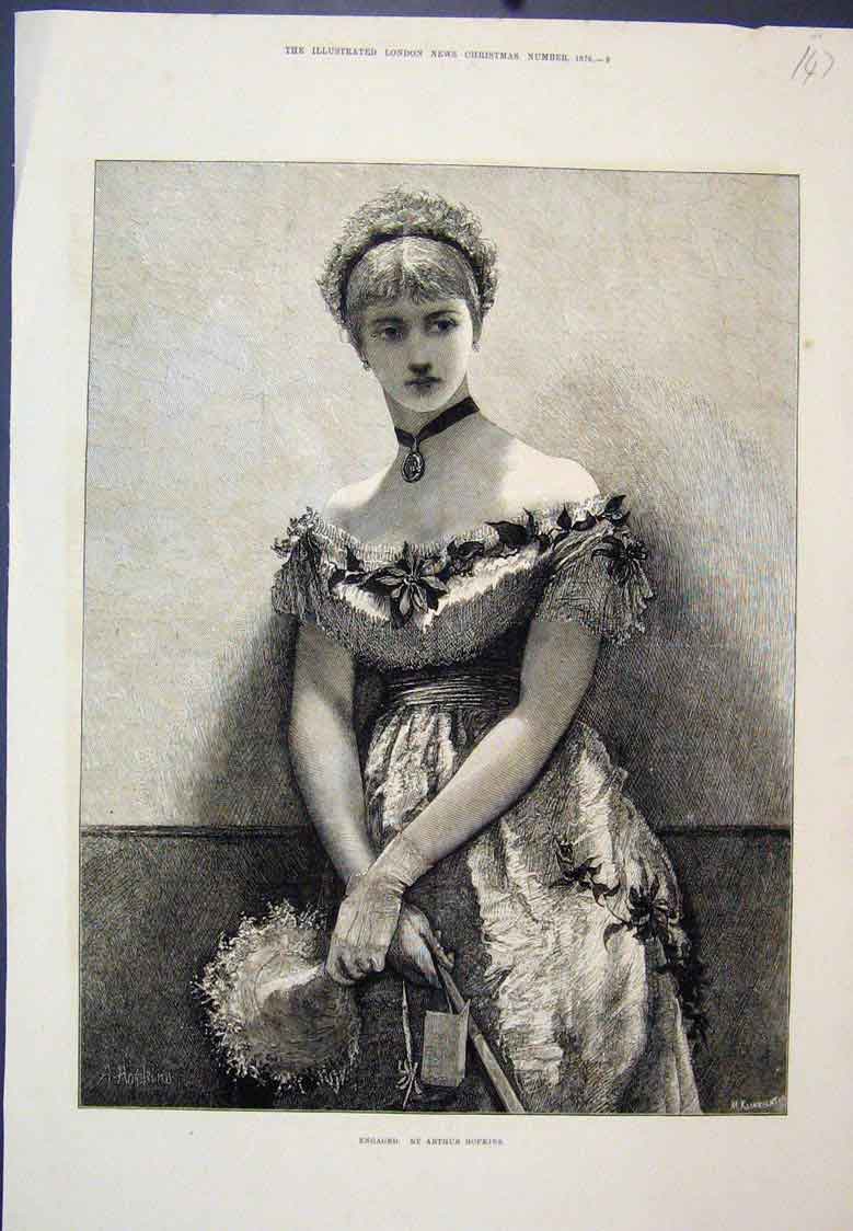 Original Old Antique Print Lady Engaged Arthur Hopkins 1876 19th