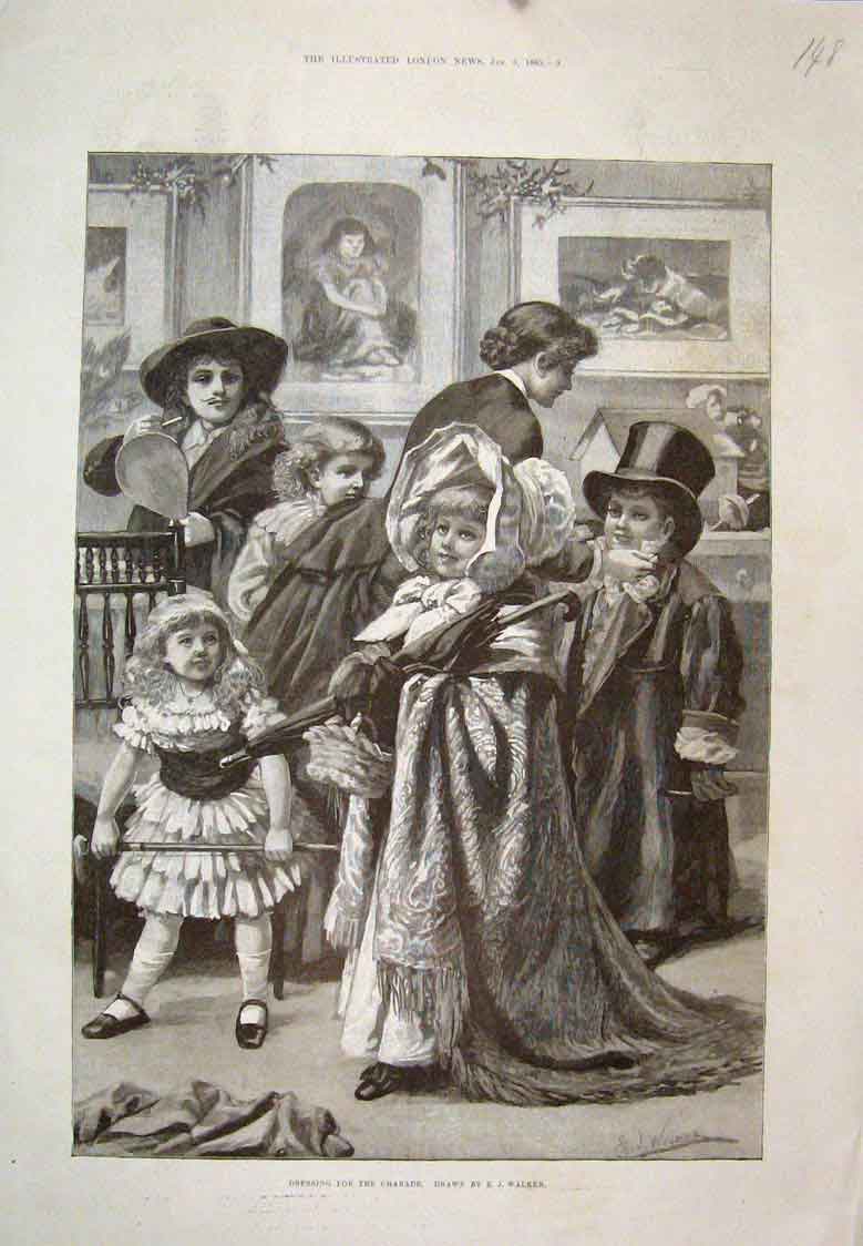 Original Old Antique Print Dressing For The Charade Walker 1885 19th
