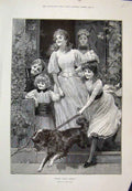 Original Old Antique Print Here They Come Davis Children Dog Greeting 1890 19th