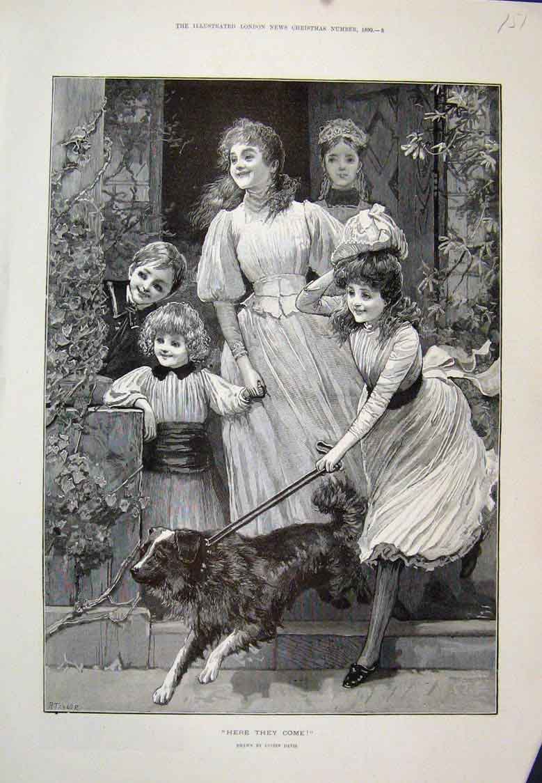 Original Old Antique Print Here They Come Davis Children Dog Greeting 1890 19th