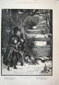 Original Old Antique Print Long Ago Children Remember Snow Church 1887 Victorian